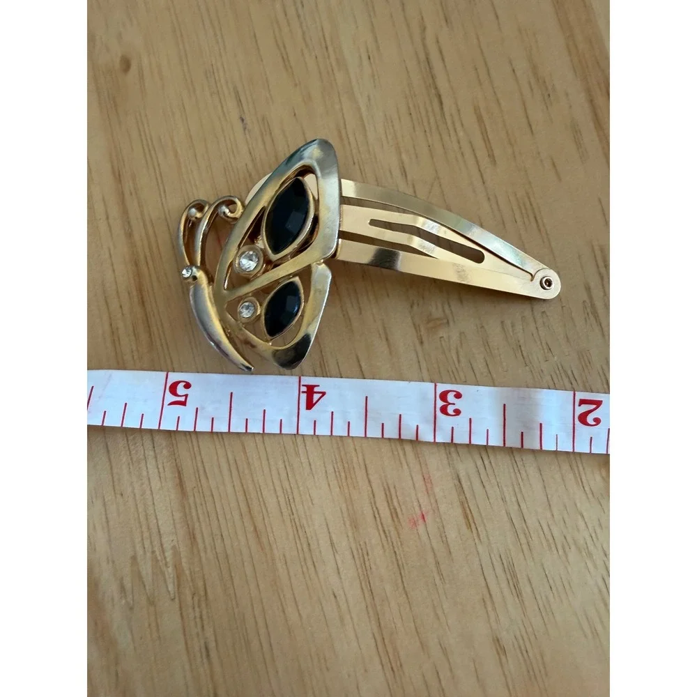 Butterfly Hair Clip Gold Tone Black Stone Rhinestone Snap Barrette Mixed Metal